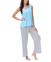 Echo Women's Solid 2 Piece Tank Top with Printed Wide Pants Pajamas Set