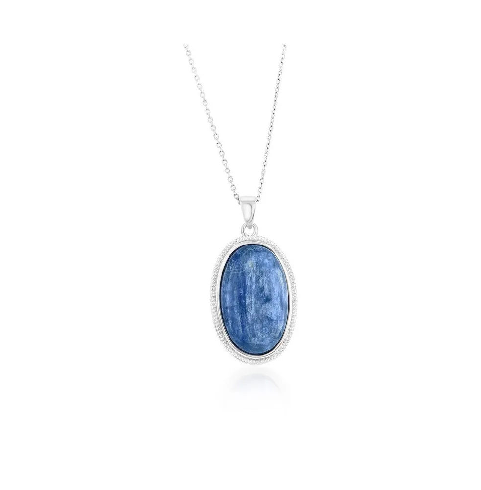 Sterling Silver Oval Kyanite Beaded Border Pendant Necklace