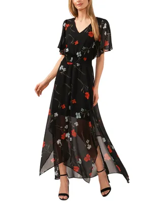 CeCe Women's Floral-Print Flutter-Sleeve Maxi Dress