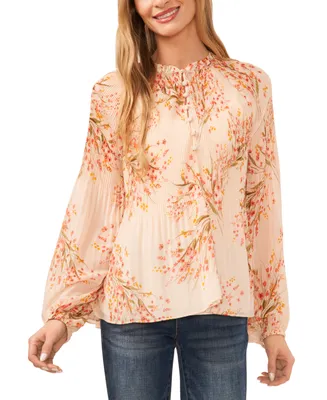 CeCe Women's Pleated Floral-Print Long-Sleeve Top