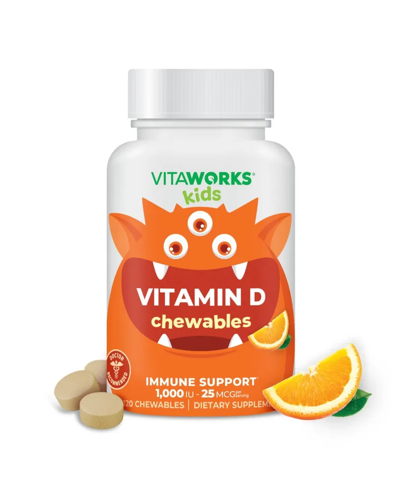 VitaWorks Kids Vitamin D 1,000 Iu Chewable Tablets - Bone Health And Immune Function - Tasty Natural Orange Flavor - 120 Chewables