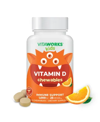 VitaWorks Kids Vitamin D 1,000 Iu Chewable Tablets - Bone Health And Immune Function - Tasty Natural Orange Flavor - 120 Chewables