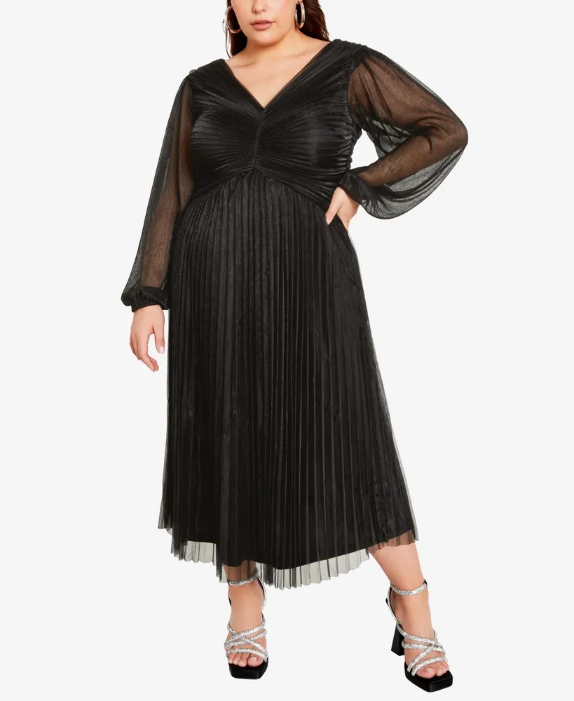 Avenue Plus Size Plisse Pleat V-neck Midi Dress