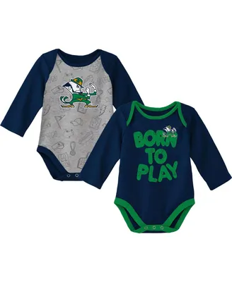 Newborn and Infant Boys Girls Navy, Heather Gray Notre Dame Fighting Irish Born To Win Two-Pack Long Sleeve Bodysuit Set