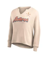 Women's Fanatics Cream Distressed Houston Astros Go For It Waffle Knit Long Sleeve Notch Neck T-shirt