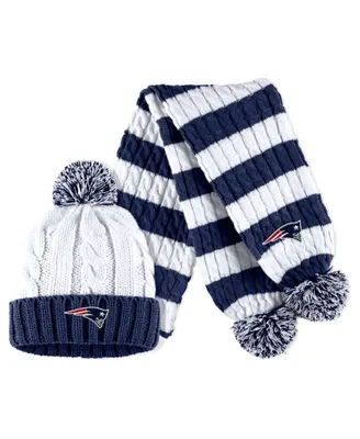 Women's Wear by Erin Andrews White New England Patriots Cable Stripe Cuffed Knit Hat with Pom and Scarf Set