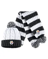 Women's Wear by Erin Andrews White Pittsburgh Steelers Cable Stripe Cuffed Knit Hat with Pom and Scarf Set