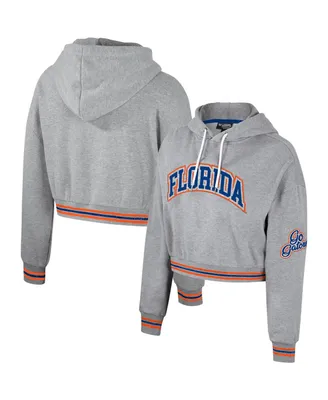 Women's The Wild Collective Heather Gray Distressed Florida Gators Cropped Shimmer Pullover Hoodie
