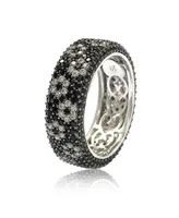 Suzy Levian New York Sterling Silver Cubic Zirconia White & Black Pave Flower Eternity Band Ring