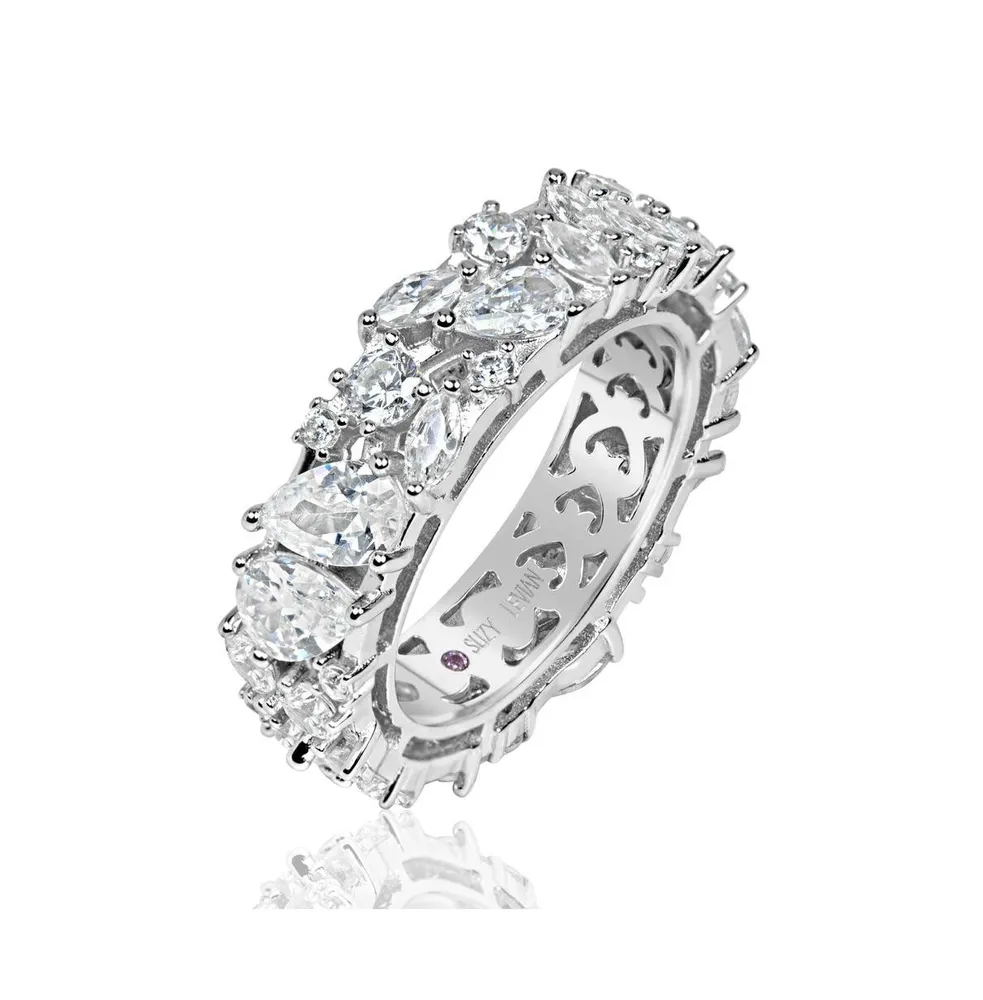 Suzy Levian Sterling Silver Cubic Zirconia Abstract Cluster Eternity Band Ring