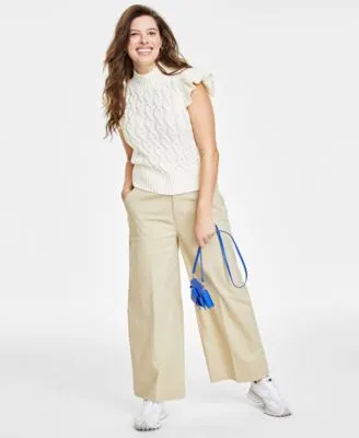 On 34th Womens Flutter Sleeve Cable Knit Sweater Wide Leg Chino Pants Created For Macys