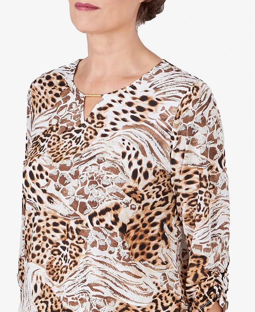 Alfred Dunner Petite Classic Puff Print Mixed Animal Print Split Neck Top