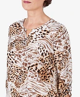 Alfred Dunner Petite Classic Puff Print Mixed Animal Print Split Neck Top