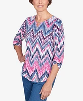 Alfred Dunner Petite Classic Puff Print Ikat Chevron Split Neck Top