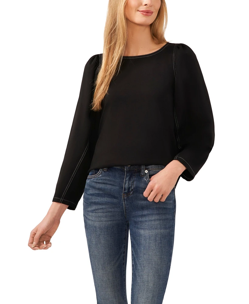 CeCe Women's Long Sleeve Puff Sleeve Blouse with Topstitching