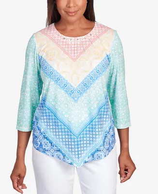 Alfred Dunner Petite Classic Pastels Pleated Neck Chevron Top