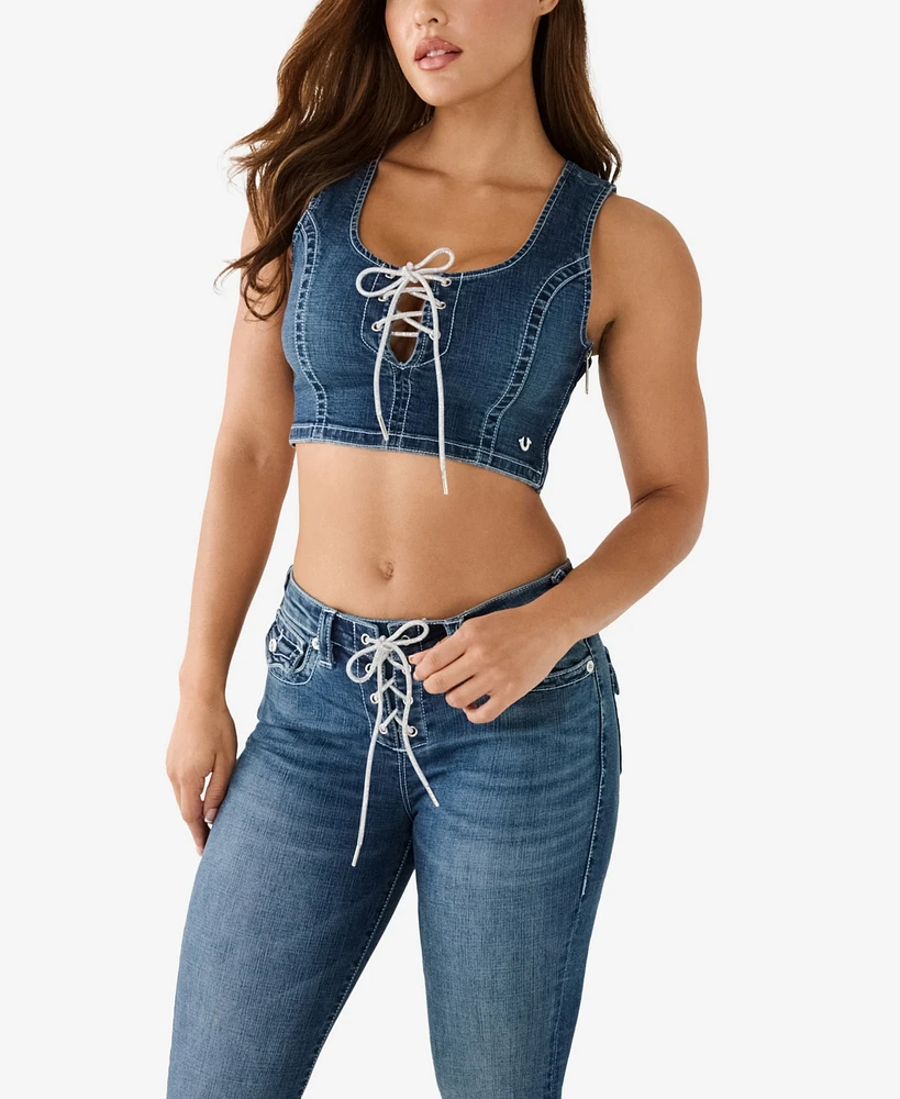 True Religion Women's Crystal Lace Up Denim Bra Top