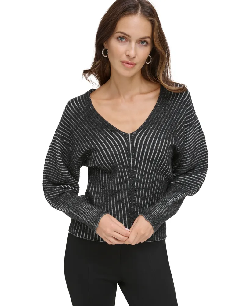 Dkny Women's Ribbed Dolman-Sleeve V-Neck Sweater