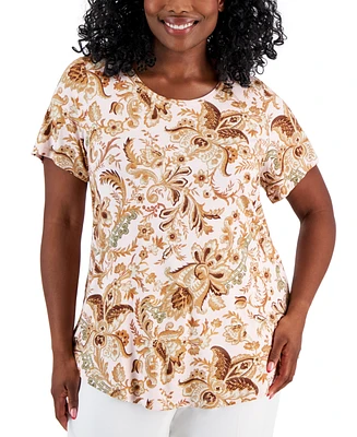 Jm Collection Plus Bloom Print Short-Sleeve Top, Created for Macy's