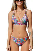 Women's Boho Wavy Striped Strappy V-Neck Top & Cutout Bikini Set