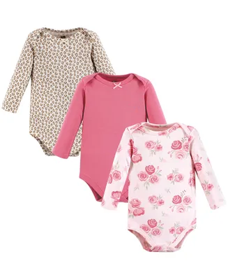 Hudson Baby Baby Girls Cotton Long-Sleeve Bodysuits, Blush Rose Leopard, 3-Pack