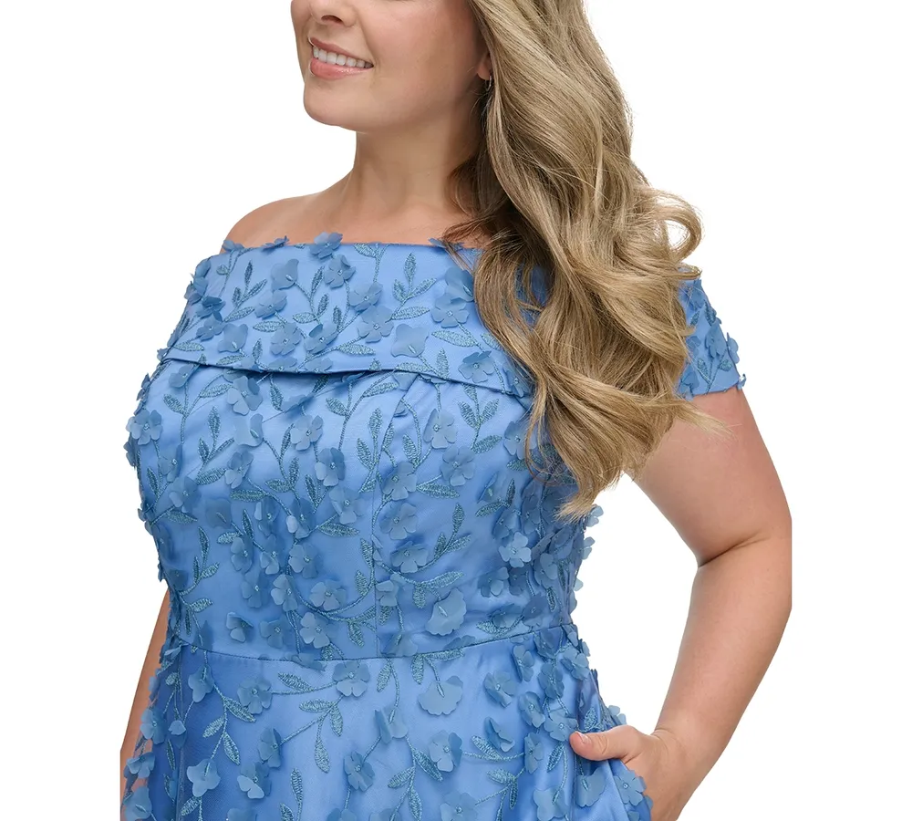 Eliza J Plus Size 3D Floating Flowers Off-The-Shoulder Midi Dress