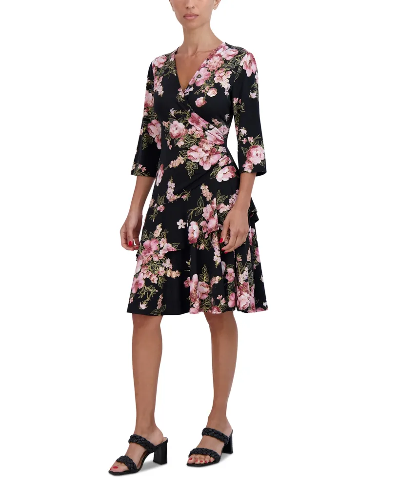 Robbie Bee Petite Floral Ruffle-Skirt 3/4-Sleeve Dress