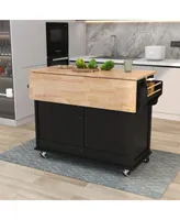 Simplie Fun Rolling Kitchen Cart with Drop-Leaf Countertop & Barn Door