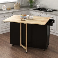 Kitchen Island With Spice Rack, Towel Rack And Extensible Solid Wood Tabletop-Black