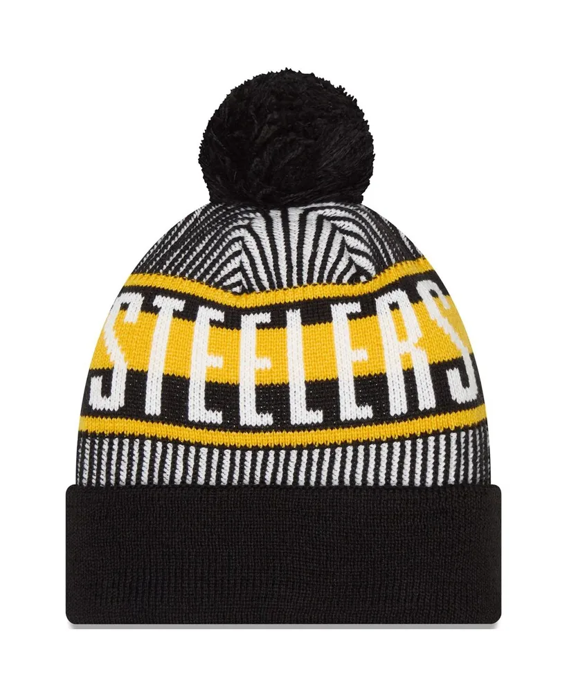 Men's New Era Black Pittsburgh Steelers Striped Cuffed Knit Hat with Pom