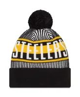 Men's New Era Black Pittsburgh Steelers Striped Cuffed Knit Hat with Pom