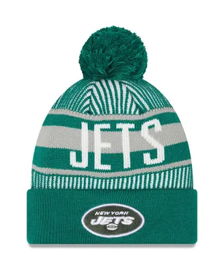 Men's New Era Green New York Jets Striped Cuffed Knit Hat with Pom