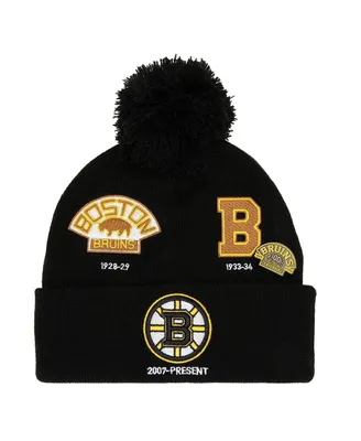 Men's Mitchell & Ness Black, Boston Bruins 100th Anniversary Collection Timeline Cuffed Knit Hat with Pom