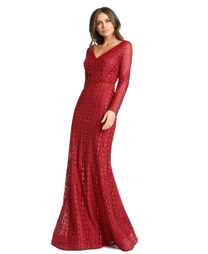 Women's Embroidered Long Sleeve V Neck Trumpet Gown