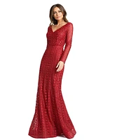 Women's Embroidered Long Sleeve V Neck Trumpet Gown