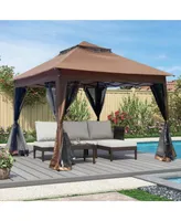 Pop Up Gazebo Canopy With Netting, 2-Tier Soft Top Tent, 11x11FT, Brown