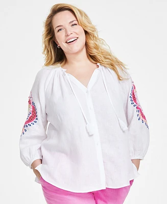 Charter Club Plus Tassel-Tie Open-Embroidery Blouse, Created for Macy's