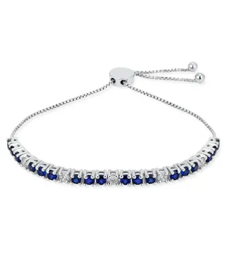 Gemstones 2.2 Ctw White Zircon Alternating Created Blue Sapphire Bolo Tennis Bracelet for Women Adjustable 7-8 Inch .925 Sterling Silver