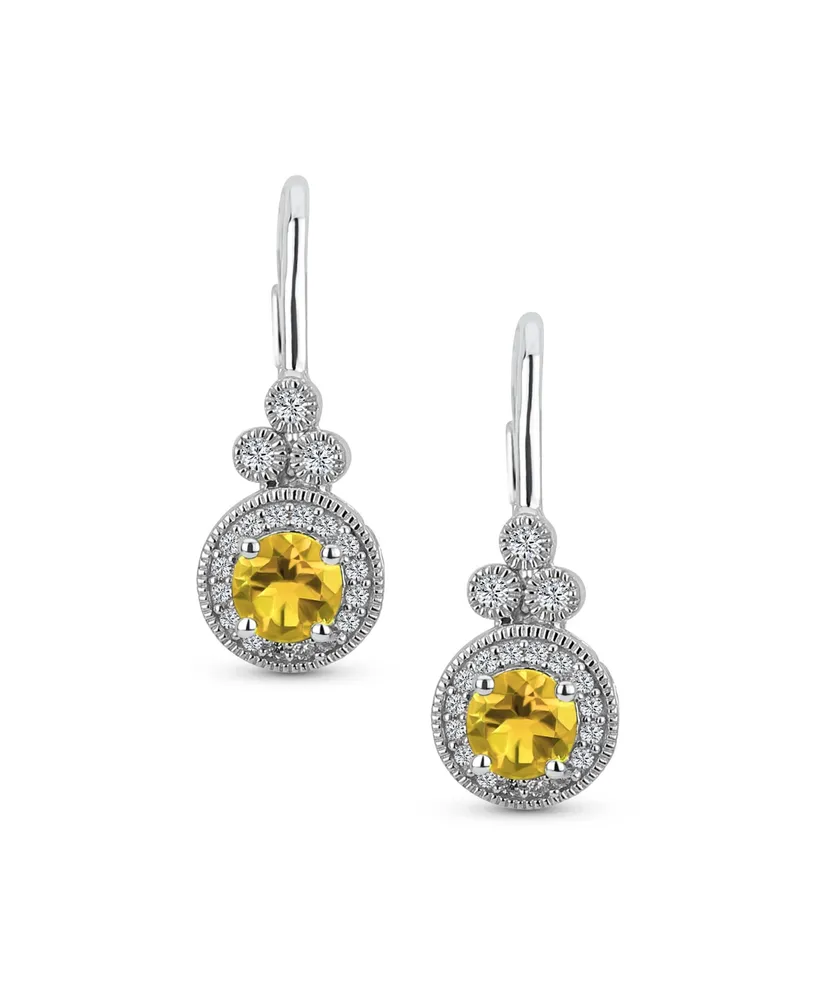 Classic Bridal Art Deco Style Created Yellow Topaz Halo Circle Circlet Rosette Solitaire Drop Earrings for Women .925 Sterling Silver