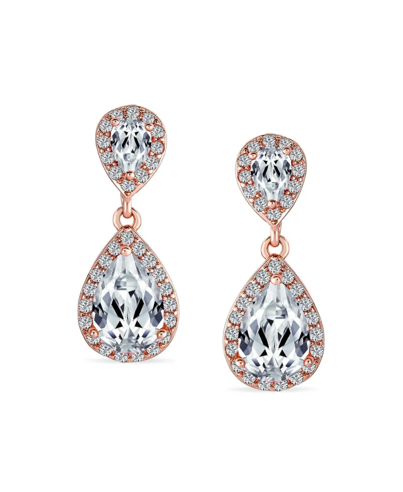 Bridal Pave Halo Dangle Teardrop Cubic Zirconia Aaa Cz Drop Earrings For Wedding Women Prom Teen Rose Gold Plated Brass - Rose gold