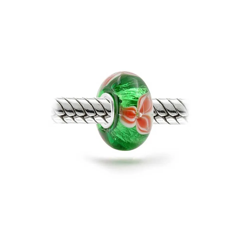 Bling Jewelry Red Green Colorful Murano Glass Holiday Christmas Flower Poinsettia Bead Charm For Women For Teen .925 Sterling Silver Fits European Bra