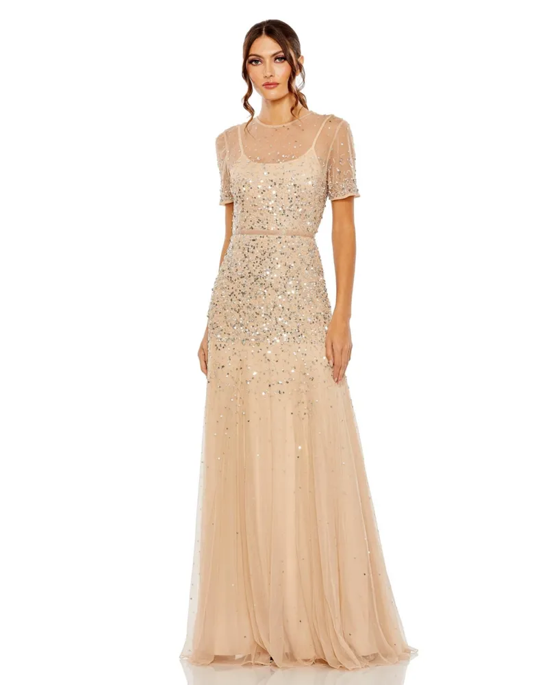 Women's High Neck Short Sleeve Sequin Embellished Gown