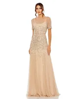 Women's High Neck Short Sleeve Sequin Embellished Gown