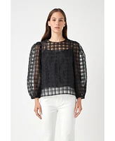 Women's Plaid Organza Long Sleeve Top