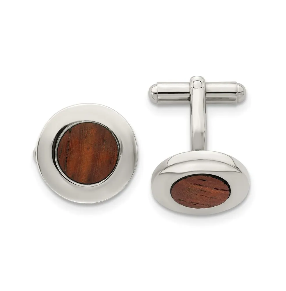 Chisel Stainless Steel Polished Koa Wood Inlay Circle Cufflinks