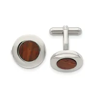 Chisel Stainless Steel Polished Koa Wood Inlay Circle Cufflinks