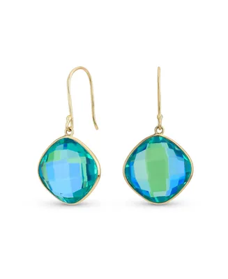 Bling Jewelry Classic Genuine 10K Gold Faceted Briolette Gemstone Bezel Set Square Cushion Cut Blue Peacock Doublet Quartz Dangle Drop Earrings Wire F