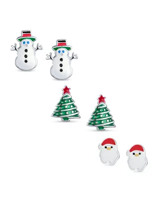 Bling Jewelry Small Fun Holiday Winter Colors Enamel Santa Claus Christmas Tree Snowman Stud Earrings Set For Women Sterling Silver