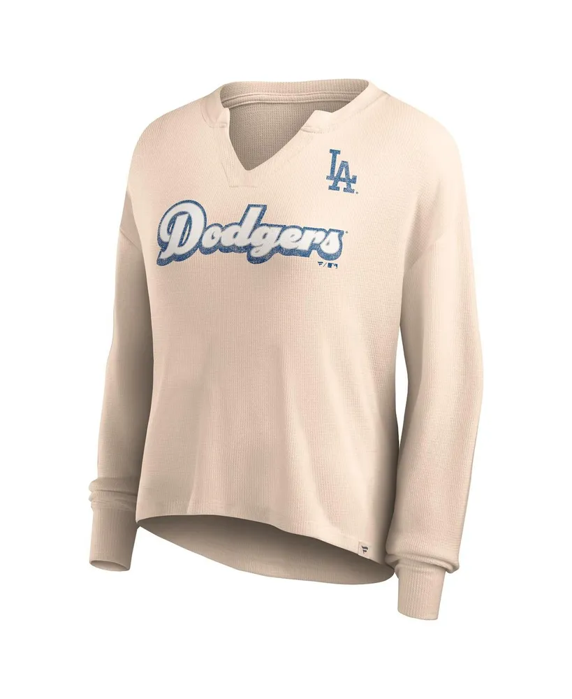 Women's Fanatics Cream Distressed Los Angeles Dodgers Go For It Waffle Knit Long Sleeve Notch Neck T-shirt