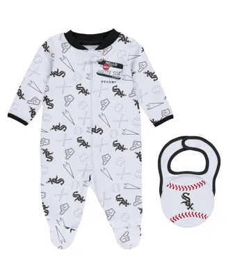 Newborn and Infant Boys Girls White Chicago Sox Sleep Play Full-Zip Footed Jumper with Bib